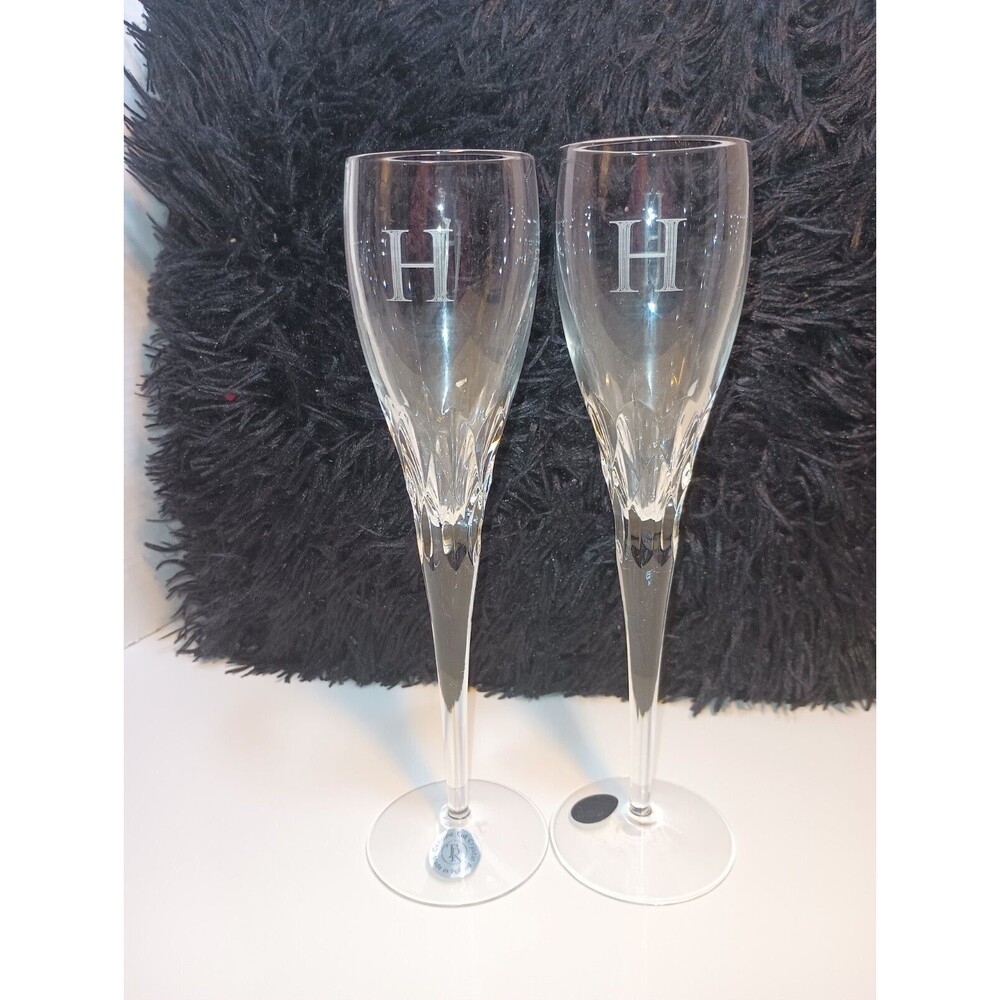 TR Cut Crystal Toasting Glasses "H" Engraved Made In Poland  KK